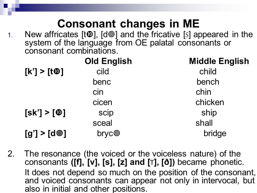 Consonant changes in ME New affricates [t], [d] and the fricative [S] appeared in